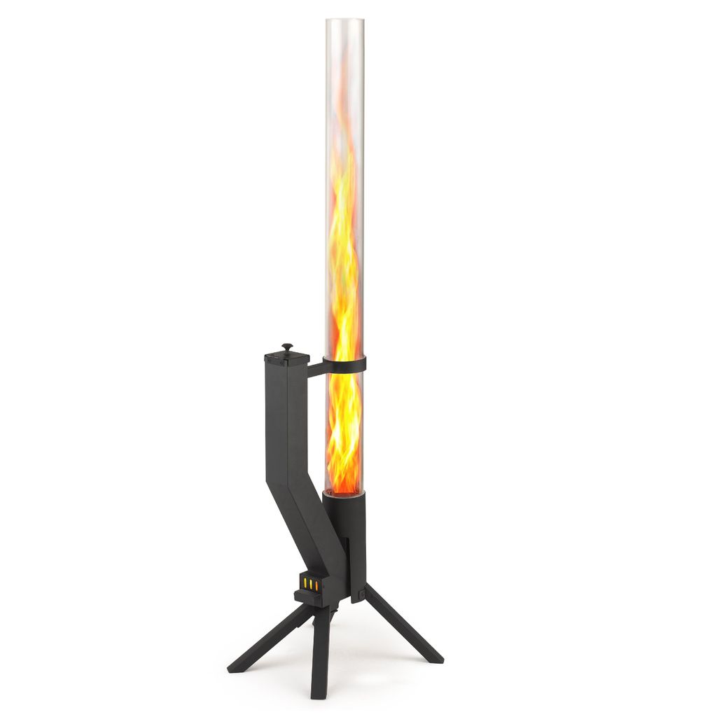 A black metal outdoor fireplace with a clear glass tube containing flames, standing on a tripod base.