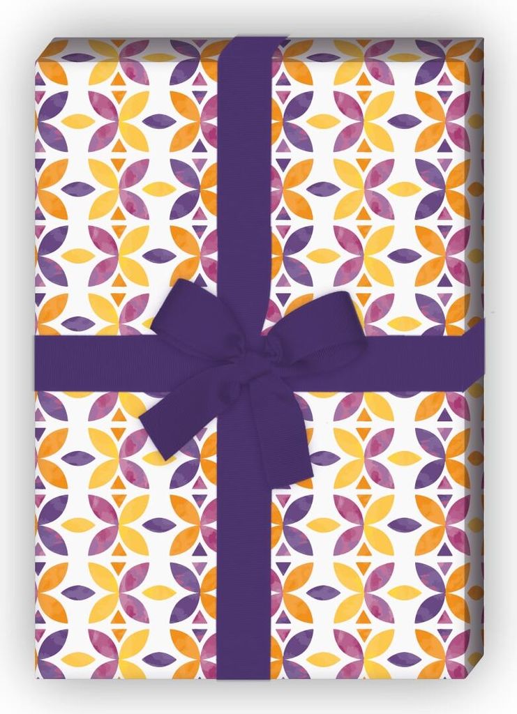Grafisches Blüten Geschenkpapier Set im Retro Stil, gelb - G8490, 32 x 48cm