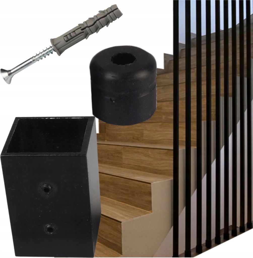 A collage of staircase railing components and a section of a staircase.