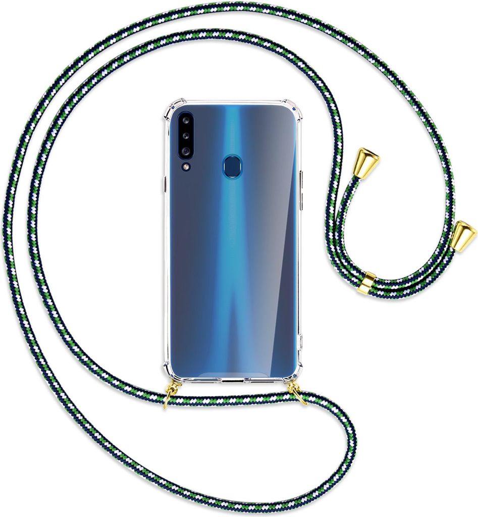 Handykette Backcover-Schutzhülle mit Band (Metall goldfarben) für Samsung Galaxy A20s - grün/blau/weiß