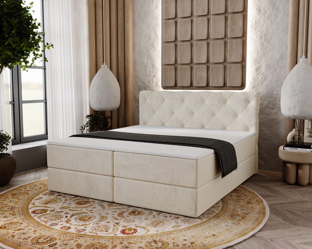 GrainGold Boxspringbett Napoli 140x200 cm - Bett 140x200, Kontinentalbett mit Bettkasten - Doppelbett mit Matratze - Beige (Monolith 04)