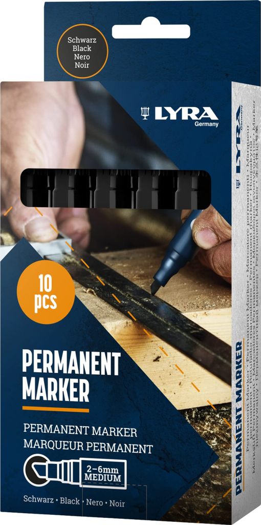 LYRA L4010099, LYRA Permanentmarker schwarz 2- 6mm, für professionelle Markierungen auf glatten und rauen Oberflächen, 10 Stück