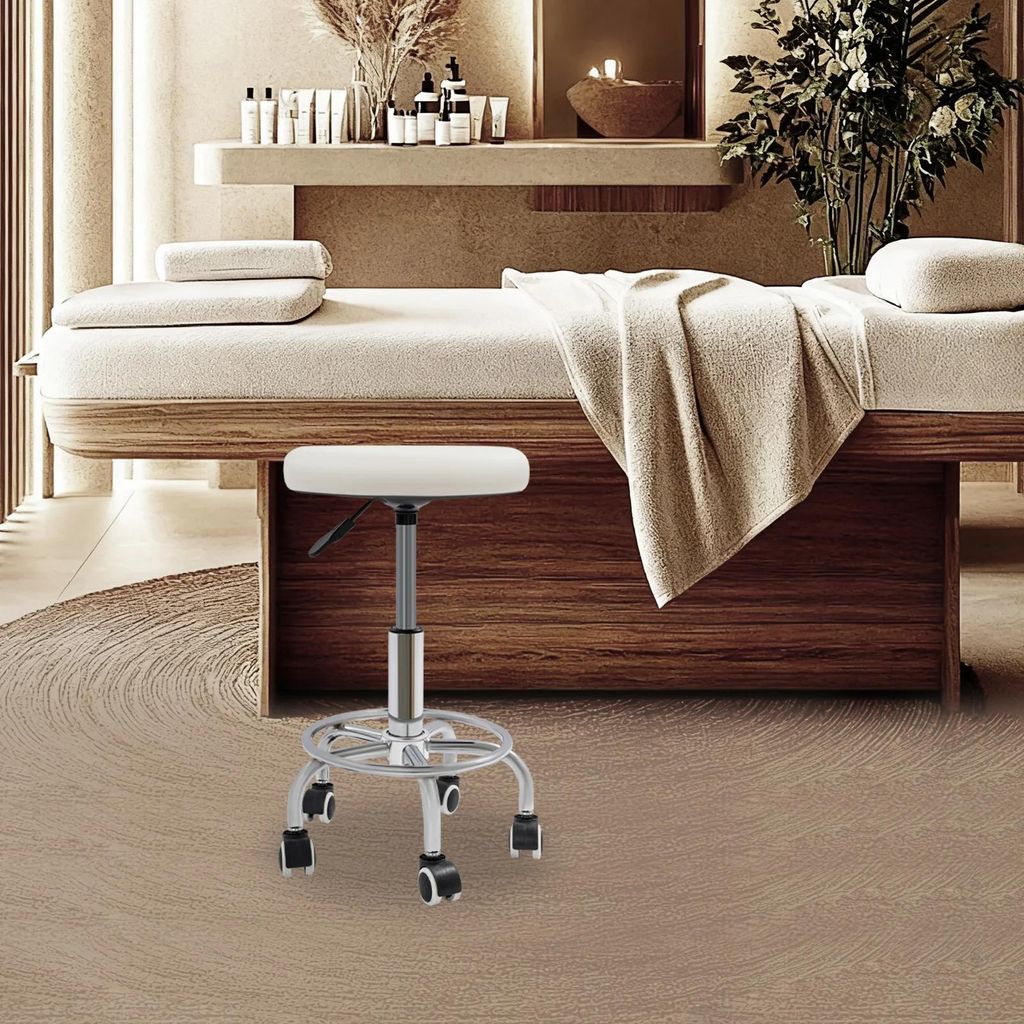 Runder Rollhocker - Salonhocker - Höhenverstellbar - Fußstütze - 5 Rollen - 150 kg Tragkraft - Sitz Ø33 cm, Basis Ø35 cm - Für Spa, Salon, Ma...
