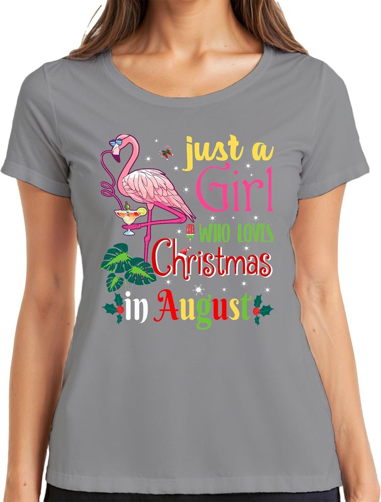 Just a Girl Who Loves Christmas in August Flamingo Tropical Beach Damen T-Shirt, Grau, L