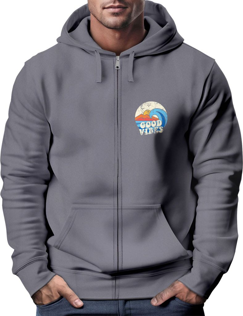 Herren Zip Hoodie Sweatjacke mit Kapuze Logo-Print Good Vibes Aufdruck Welle Retro Motiv Männer Fashion Streetstyle Neverless convoy grey L