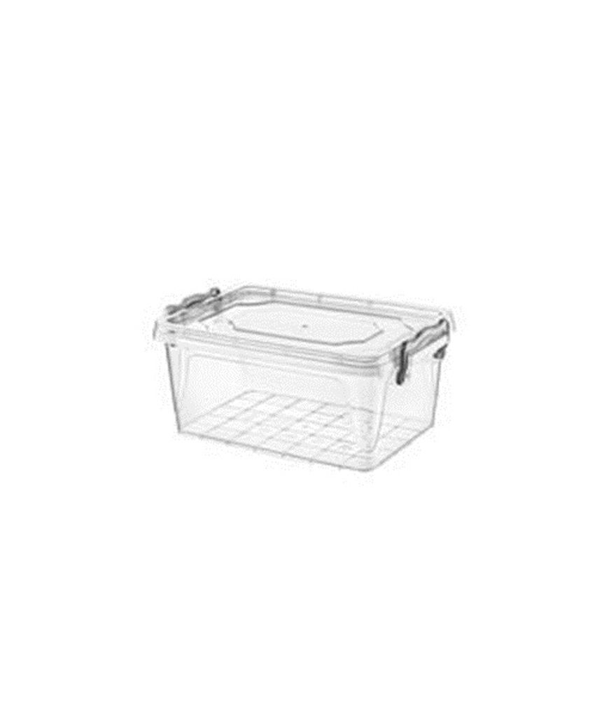 A clear plastic storage box with a gray lid and latches, shown on a white background.