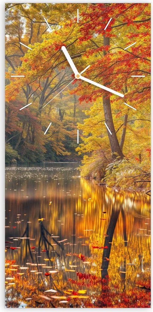 Wanduhr aus Glas mit Motiv Herbstwald See- 30 x 60 cm - inkl. Aufhängesystem