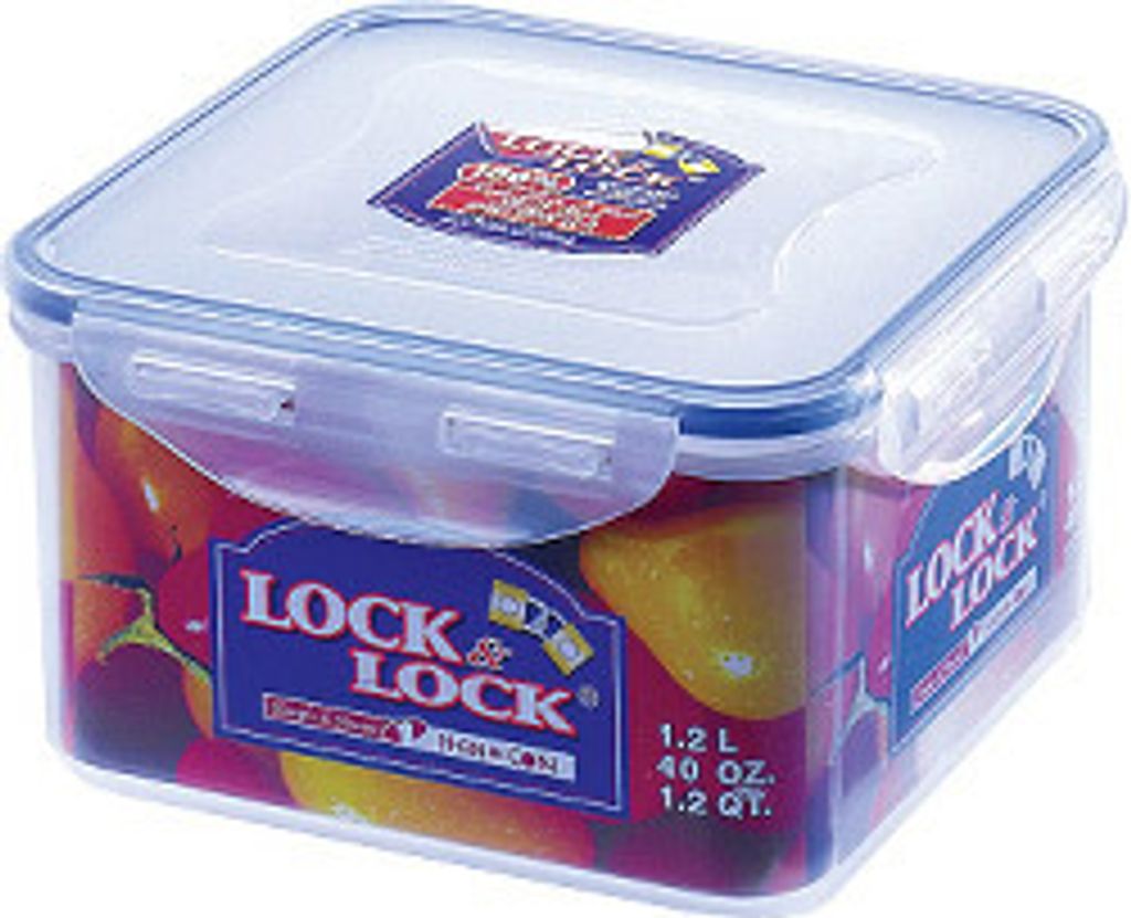 A square Lock & Lock food storage container with a clear lid and blue accents, filled with colorful produce.