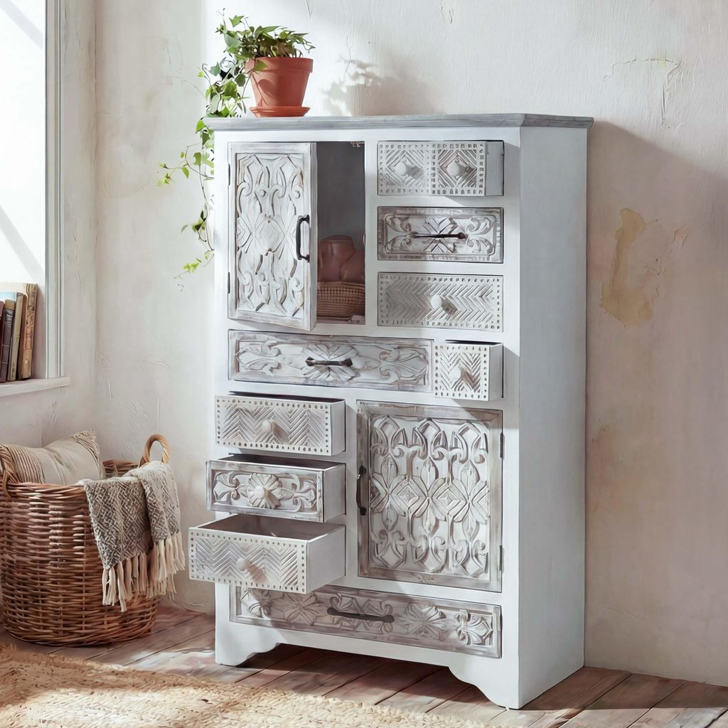 Apotheker Kommode HWC-J48, Schrank Schubladenkommode, Holz Schubladen, Shabby-Look Vintage 150x81x40cm, weiß-braun