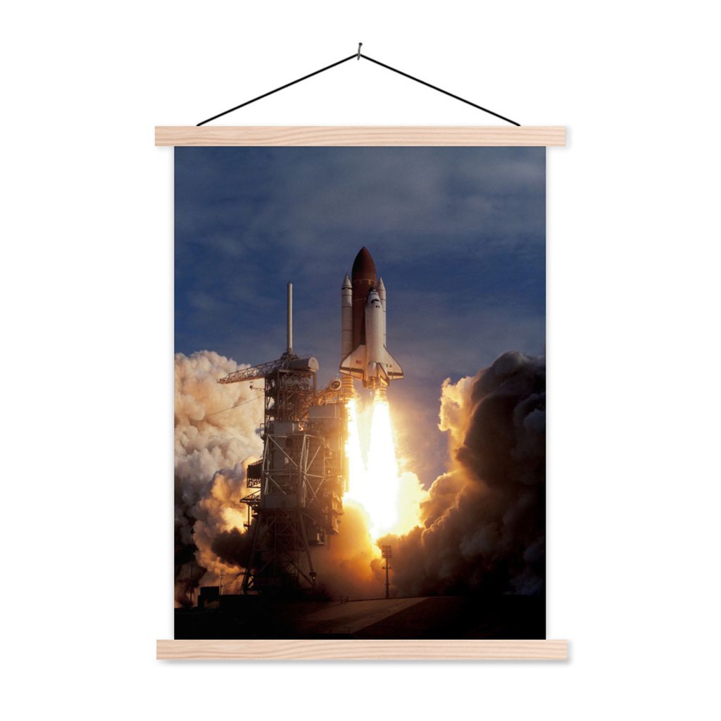 MuchoWow Textilposter Start des Space Shuttle 120x160 cm mit holzfarbenen Rahmen - Plakatkarton