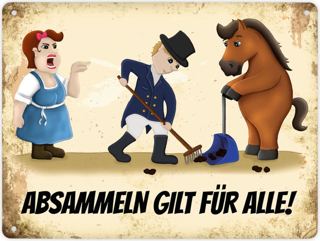 Metallschild XL mit Reiter und Pferde Motiv und Spruch: Absammeln gilt für alle