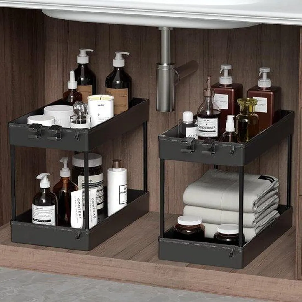Étagère de rangement noire en métal 40 cm, double niveau amovible