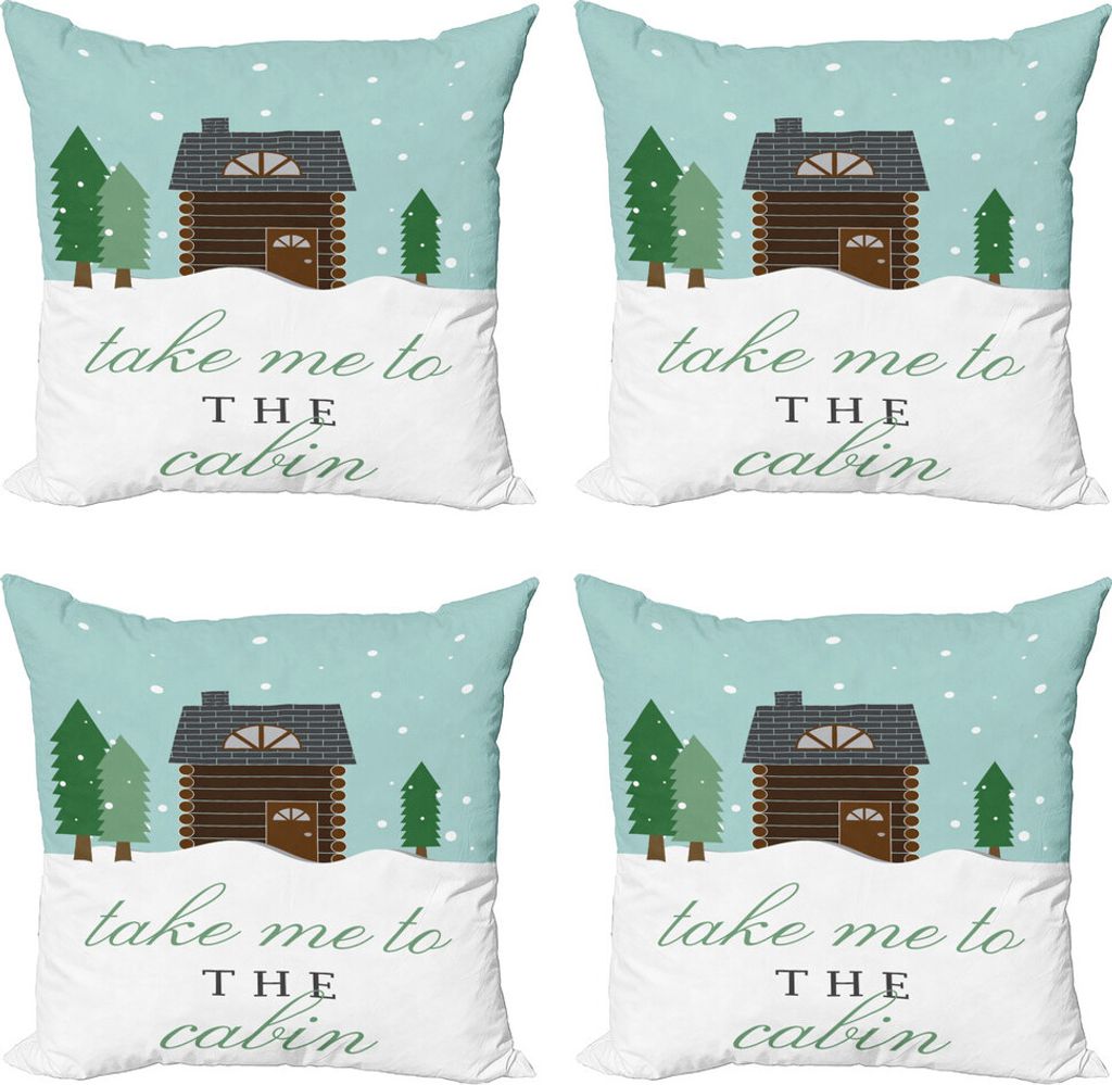ABAKUHAUS Blockhaus Kissenbezug Set (4 Stück), Grußkarte mit Lodge, Moderner Doppelseitiger Digitaldruck, 45 cm x 45 cm, Pale Seafoam Multicolor