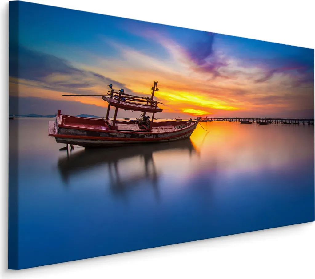 Favolosa carta da parati su tela 90x60 cm XXL stampa d'arte tramonto barca natura