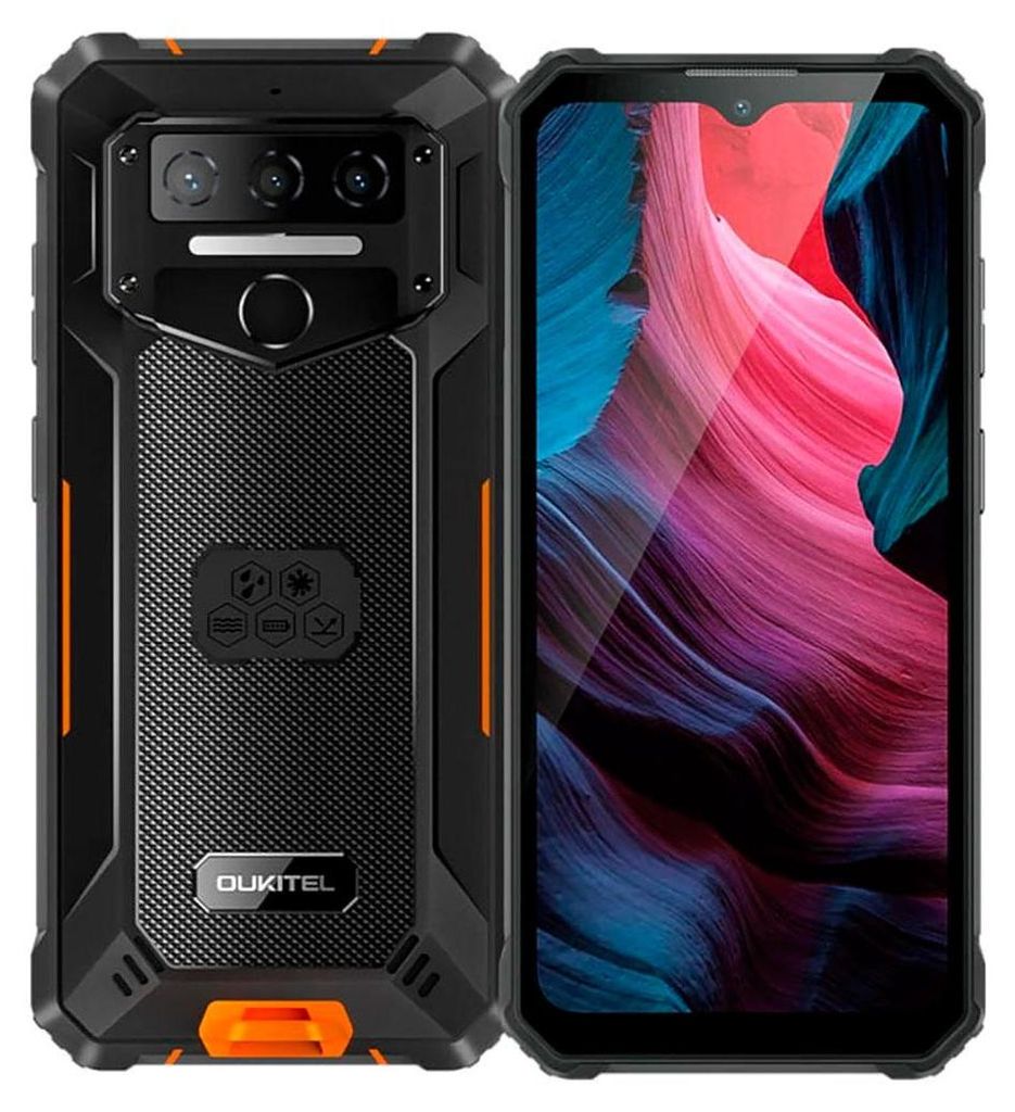A rugged smartphone is displayed next to its screen, which shows a colorful abstract wallpaper.
