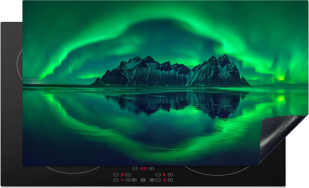 KitchenYeah Herdabdeckplatte Nordlichter - Steine - Strand - Island , 91x52cm, Küche Deko, Glaskeramikfeld Herdabdeckung, Abdeckplatte fùr Koch...