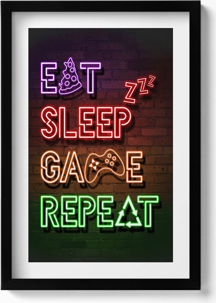Beschriftung für den Spieler „Eat sleep game repeat“– Wandbild mit Rahmen – Gerahmtes Bild – Wanddekoration – 40x60 cm – Schwarz