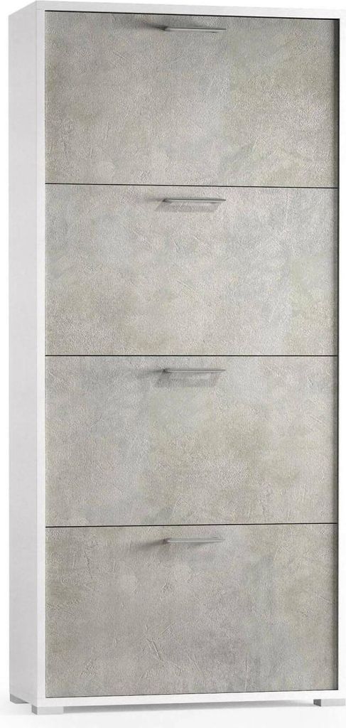 Schuhregal Dmarcat, Mehrzweck - Eingangsmöbel mit 4 Klapptüren, Schuhschrank mit doppelter Tiefe, 100% Italy, 67x28h147 cm, Weiß und Beton