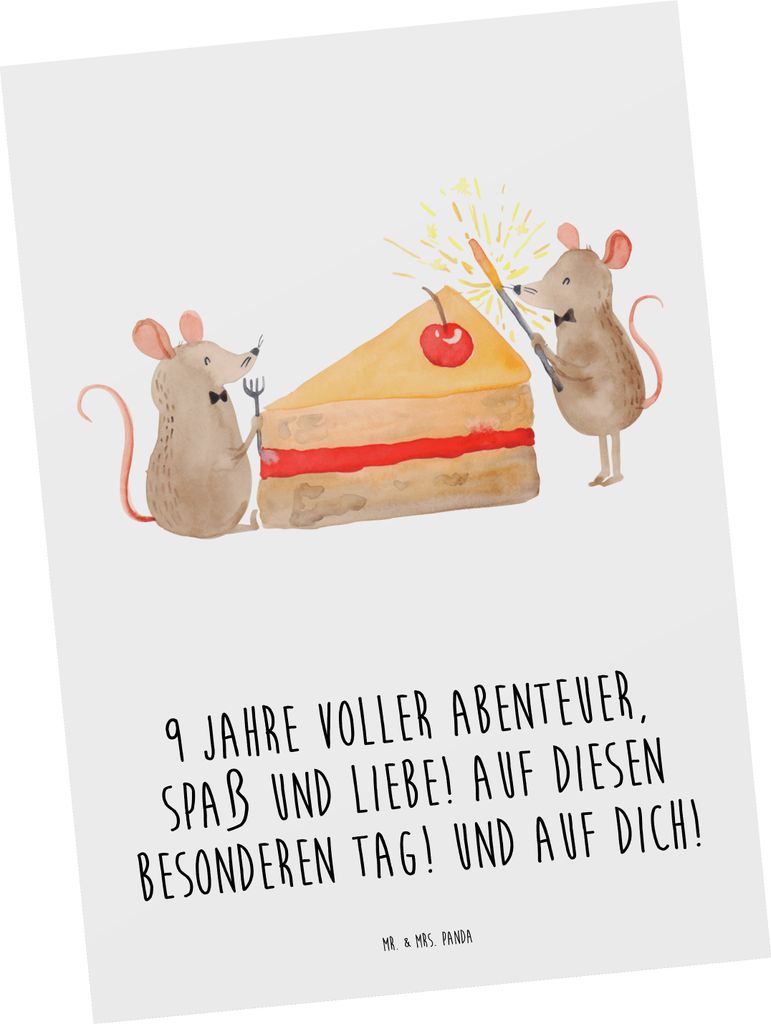 Mr. & Mrs. Panda Postkarte 9. Geburtstag Abenteuer - Weiß - Geschenk, bildkarte, Postkarten, Glückwunsch, Grußkarte, Geburtstagdeko, Freude, Mei...