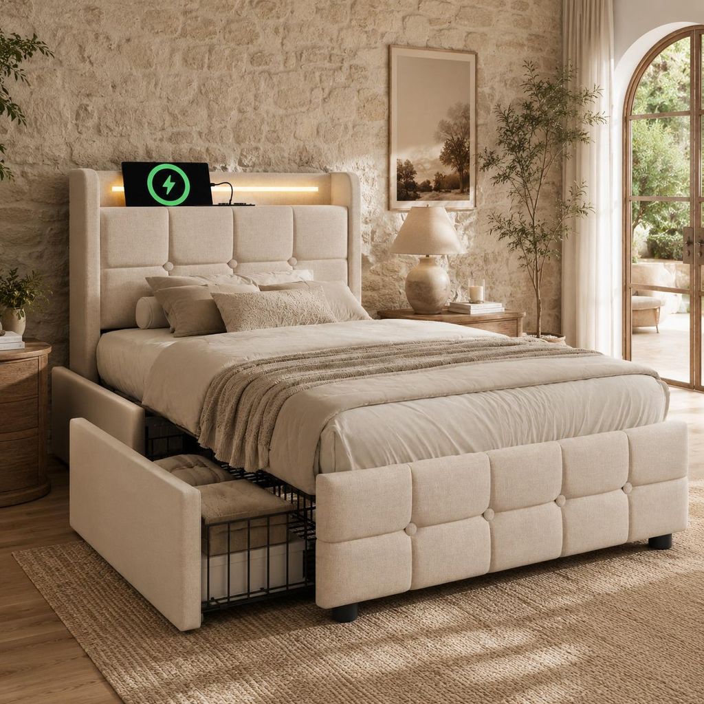 Großes Bett 90x200cm mit 2 Schubladen und USB-Ladeanschluss, LED-Beleuchtung, Bettgestell mit Stauraum, in Leinen, Beige
