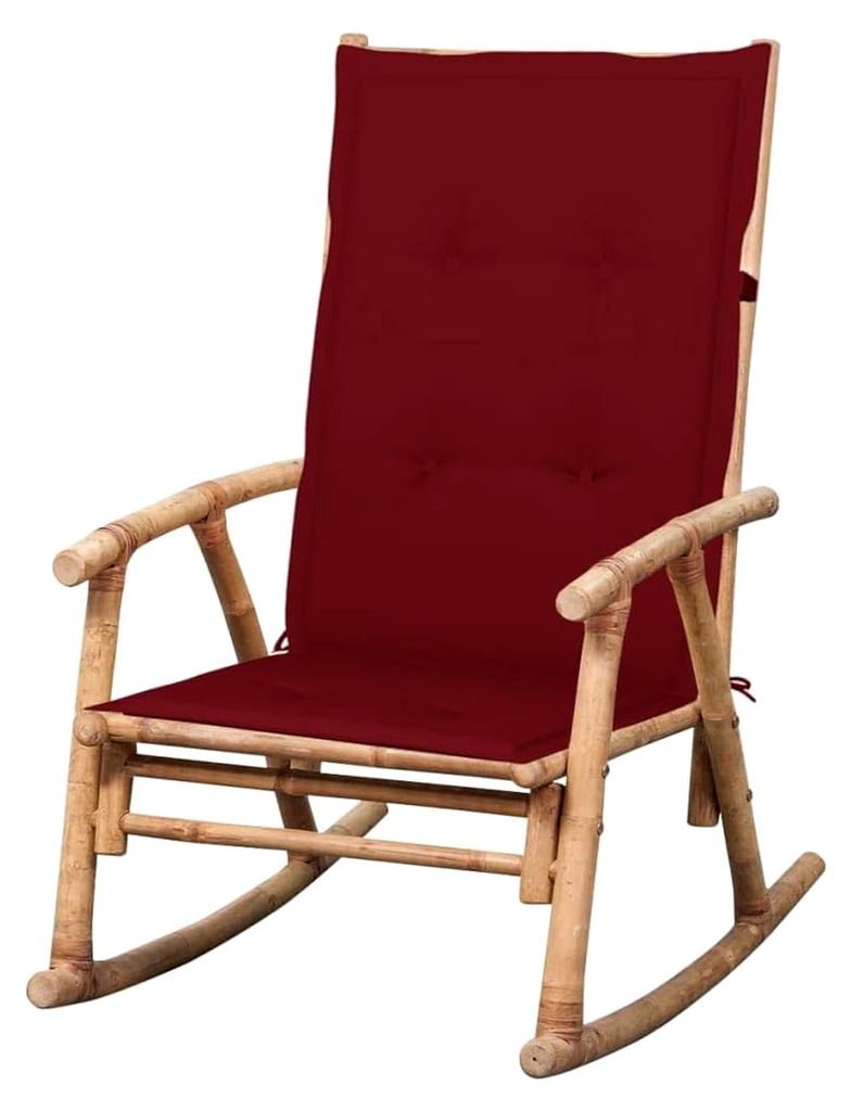 Schaukelstuhl aus Bambus mit weinroter Sitzauflage, klappbarer Schaukelsessel für Garten und Balkon, wetterfester Relaxsessel, Outdoor-Sitzmöbel,...