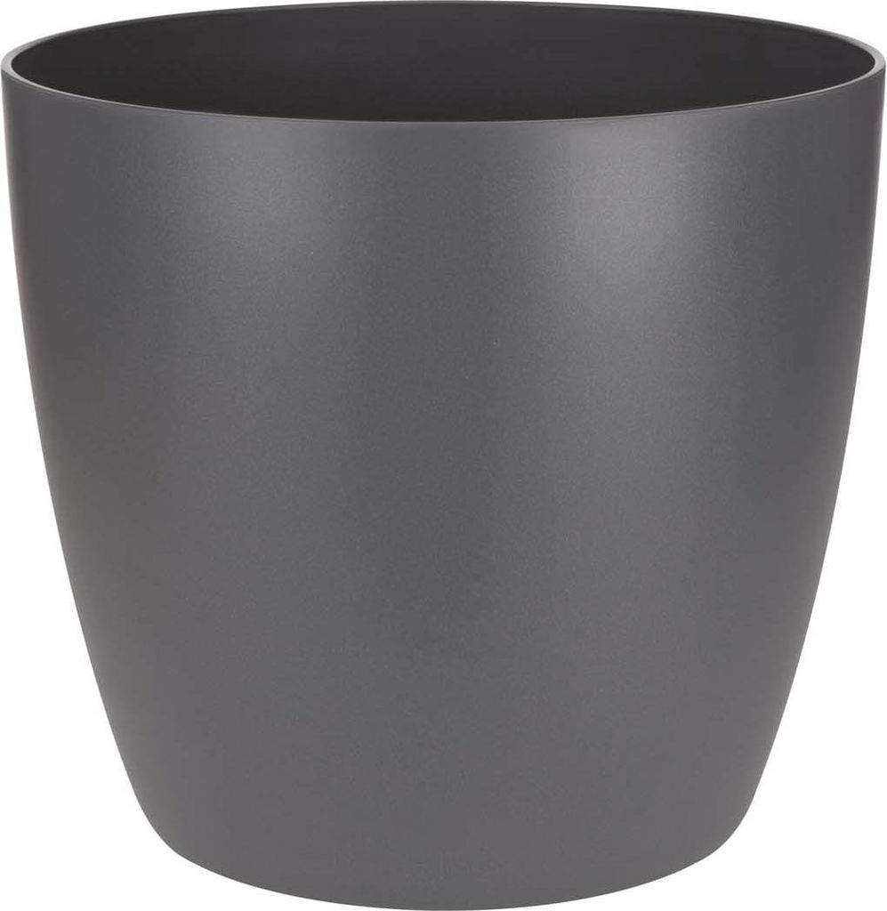 A plain studio shot of a dark gray plant pot.