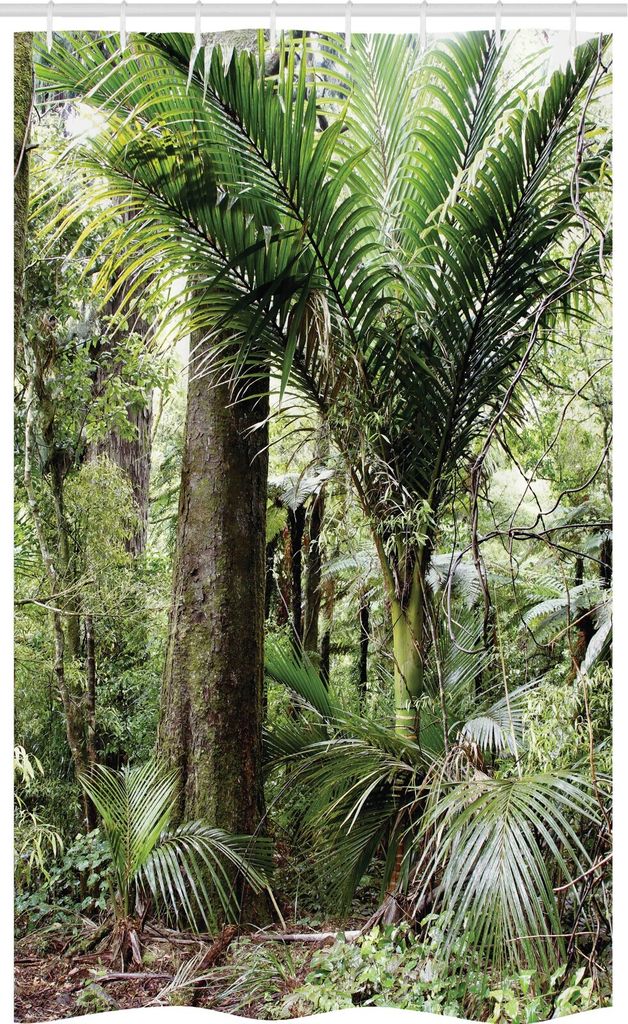 ABAKUHAUS Wald Schmaler Duschvorhang, Laub Jungle Entwurf, Badezimmer Deko Set aus Stoff mit Haken, 120 x 180 cm, Grün Braun