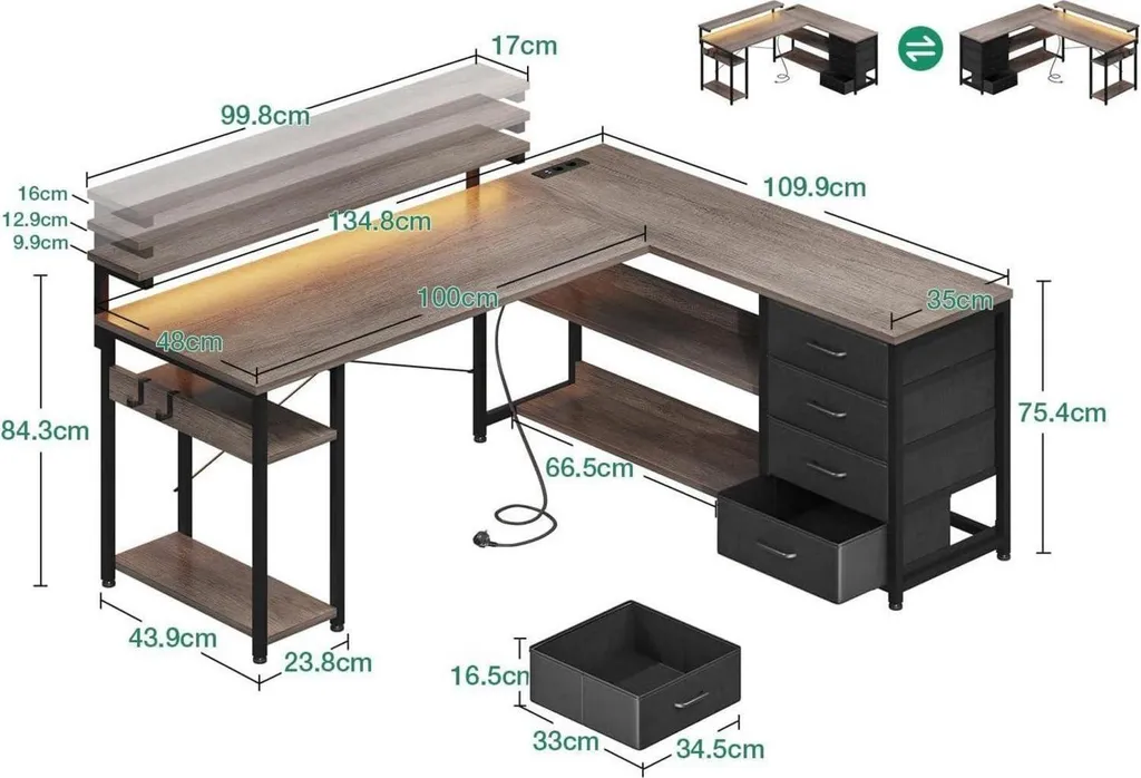 Bureau d'angle gaming avec LED et tiroirs de rangement ODK - 3