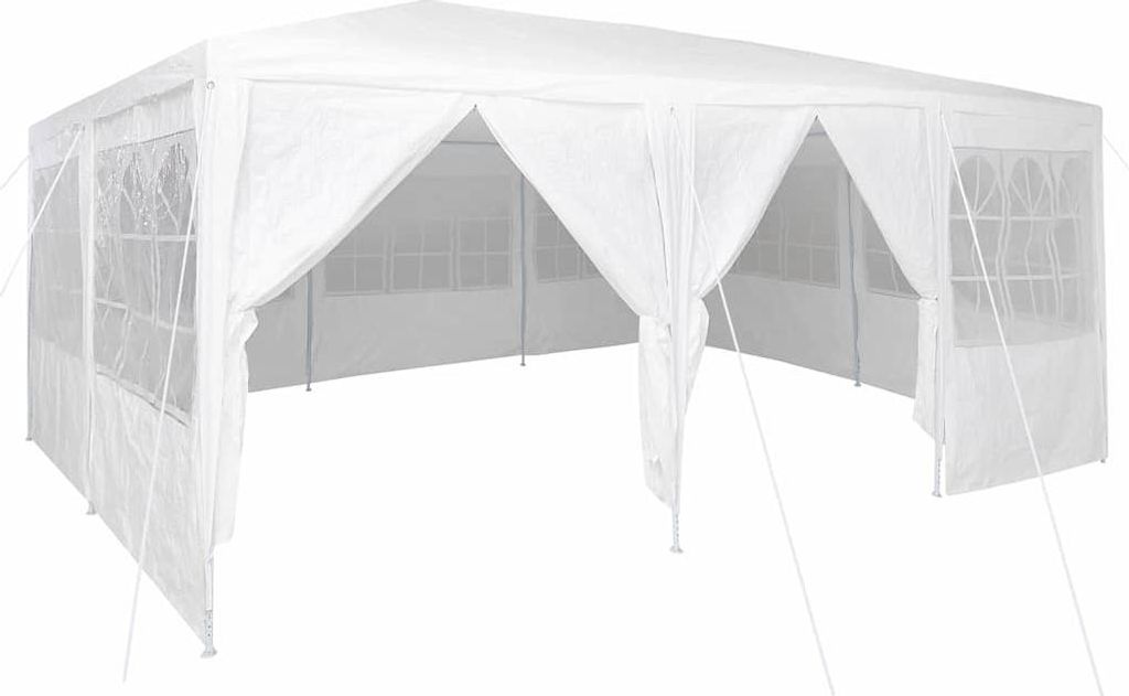 A white party tent with windows and draped entrances, set against a white background.