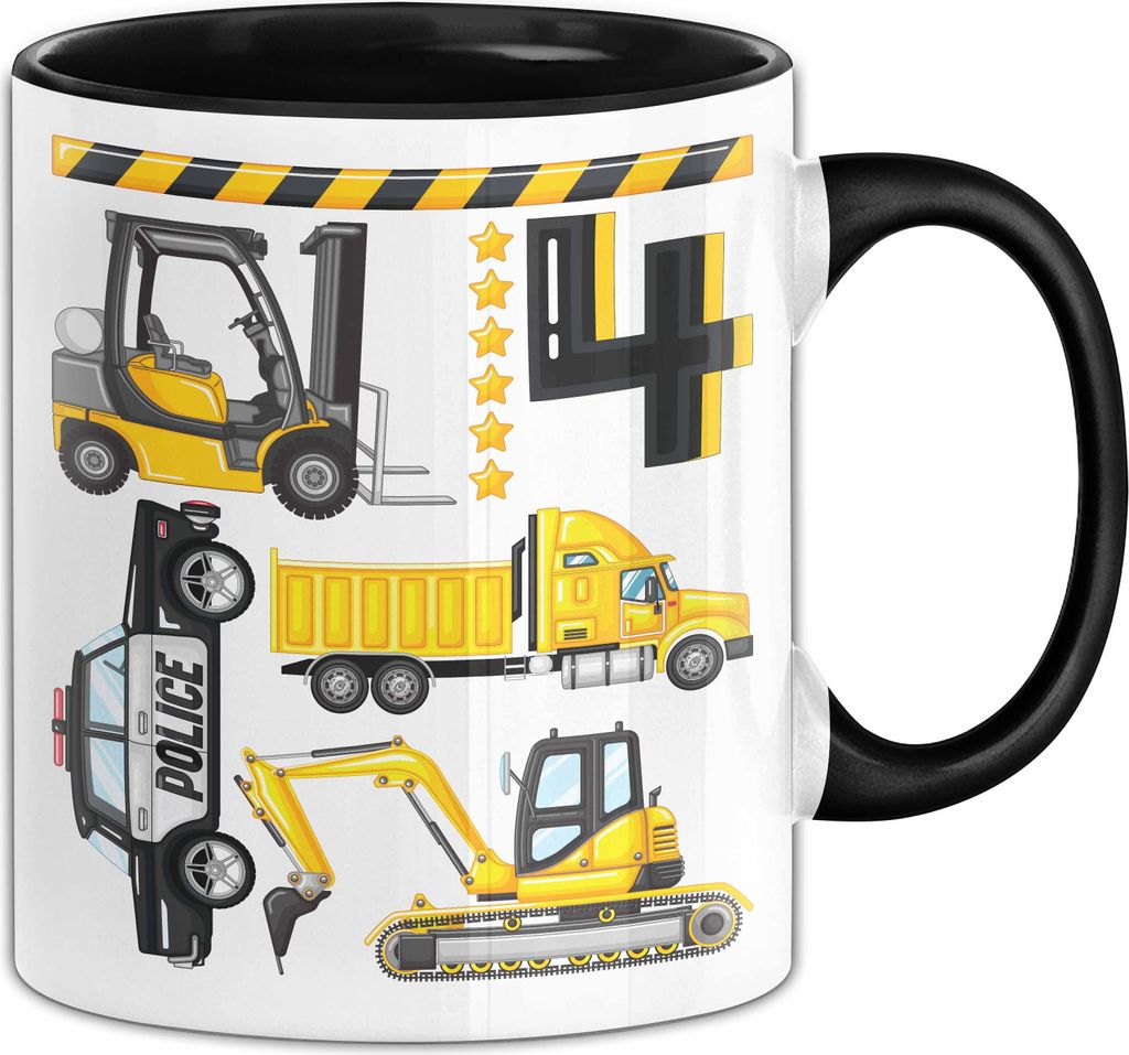 4. Geburtstag Geschenk Tasse Becher Jungen Jungs Baustelle Polizei Geburtstagsgeschenk 4 (Schwarz)