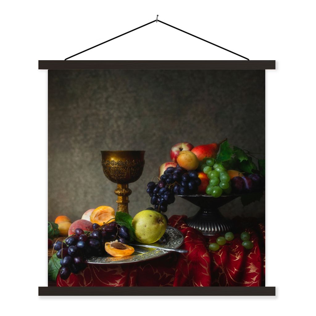 MuchoWow Textilposter Rustikal - Tisch - Obst - Stilleben - Tasse 90x90 cm mit schwarzem Rahmen - Magnetisches