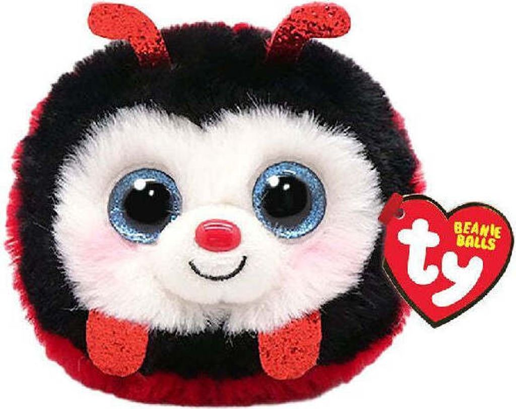 A close-up studio shot of a ladybug plush toy with a red heart-shaped tag attached.