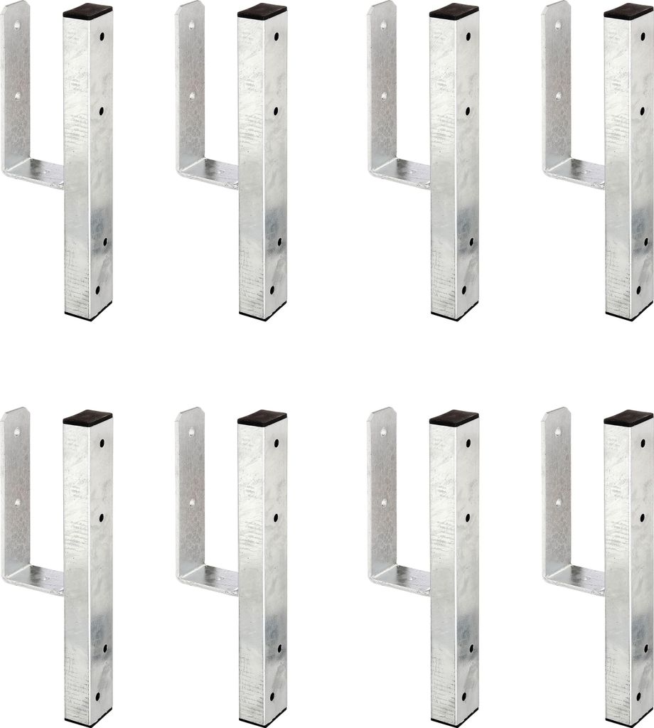 Eight U-shaped post anchors are arranged in two rows of four on a white background.