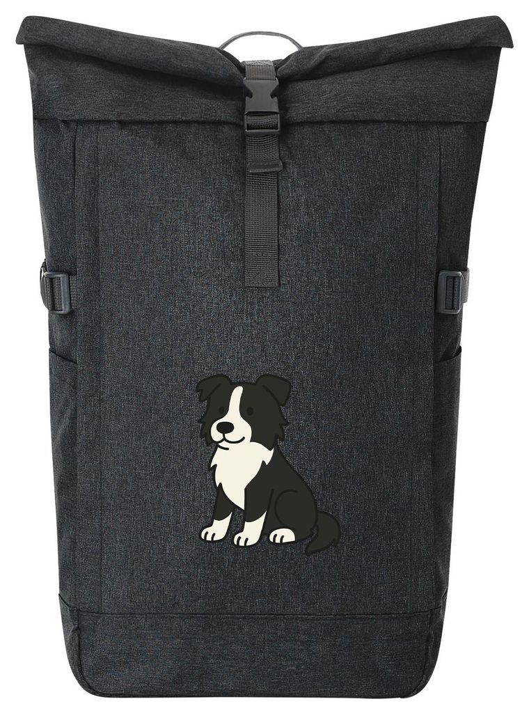 Huuraa Kurierrucksack Border Collie Border Comic 30-44 Liter Black Melange Fairtrade Rolltop Rucksack Geschenkidee
