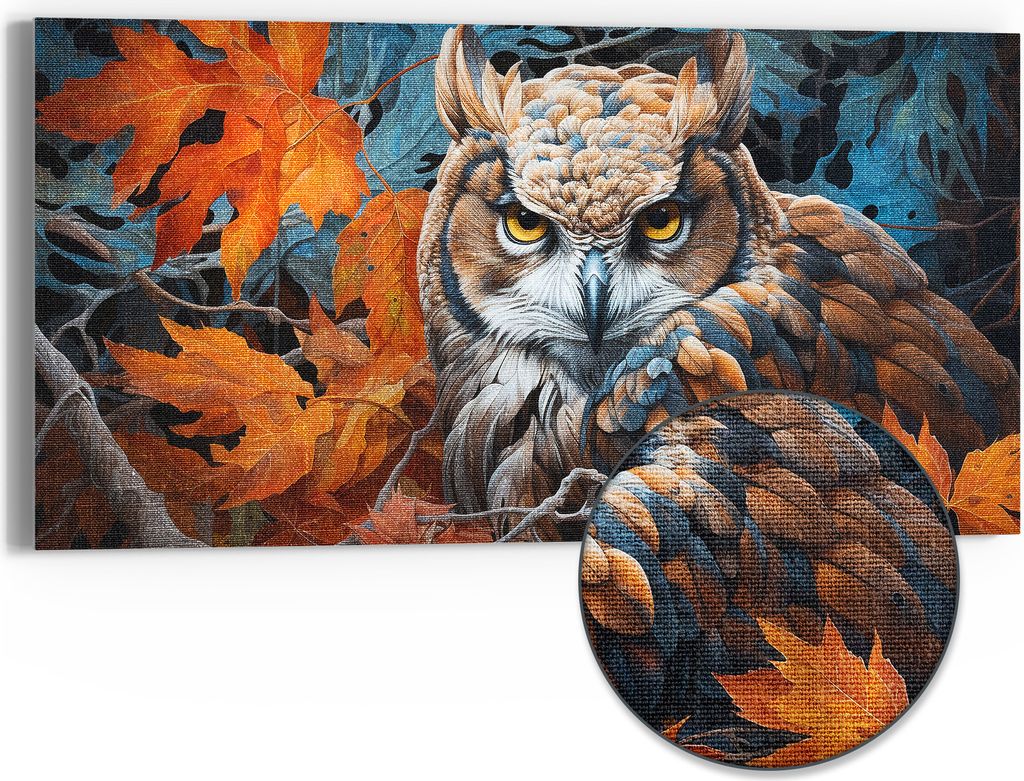 DEQOART Hybrid Leinwand Bild 60x30 cm 'Herbstlicher Wächter' Wandbild Glas flach modern