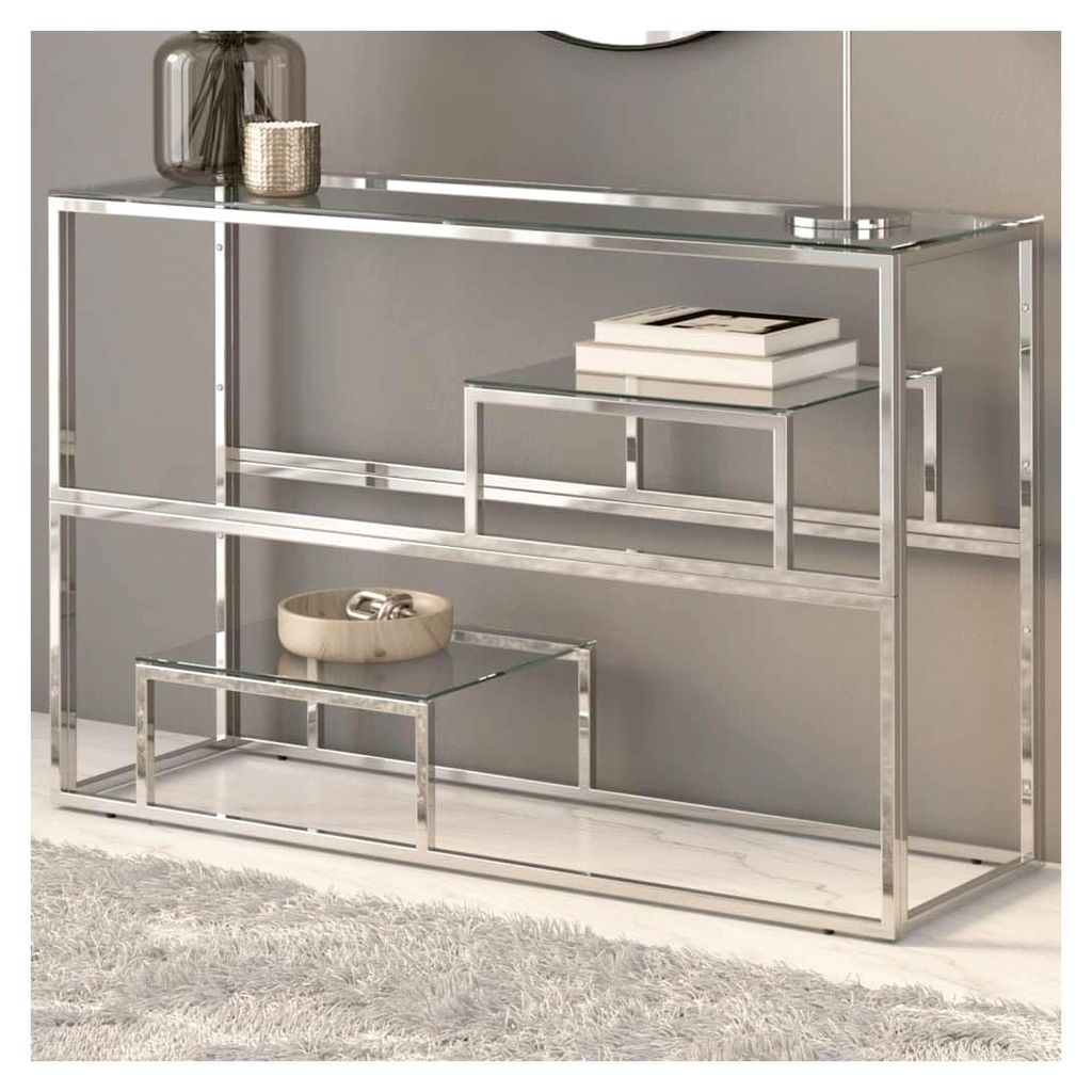 Konsolentisch aus Edelstahl und Hartglas, Silber, 16.36KG