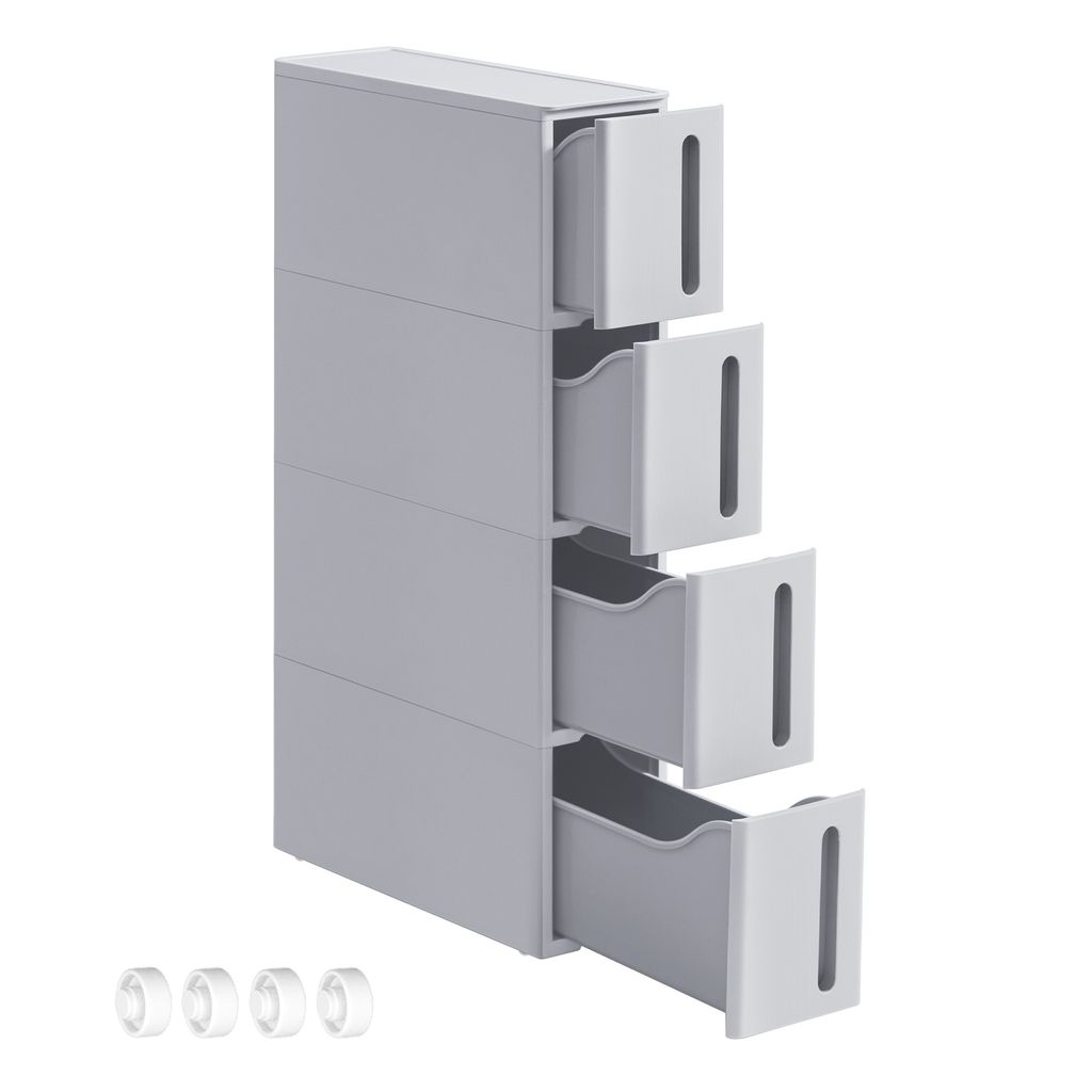 A narrow, gray, four-drawer storage unit with the bottom three drawers partially pulled out.