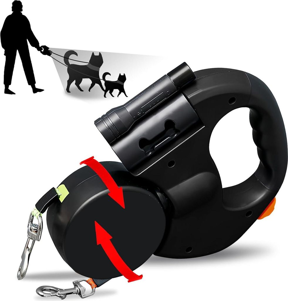 Doppelte einziehbare Hundeleine mit LED-Licht und ergonomischem Griff - schwarz