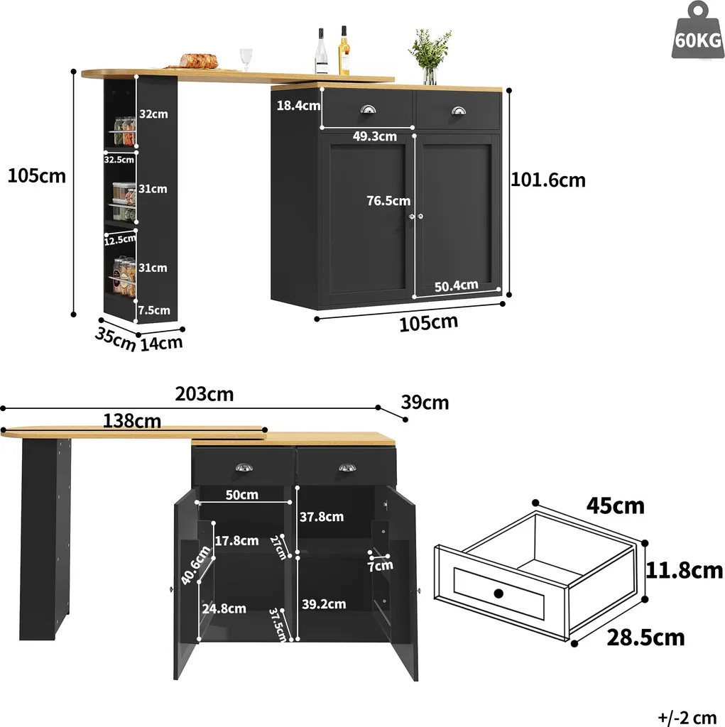 Table à Manger 360° Modulable avec Buffet Noir et Tiroirs de Rangement