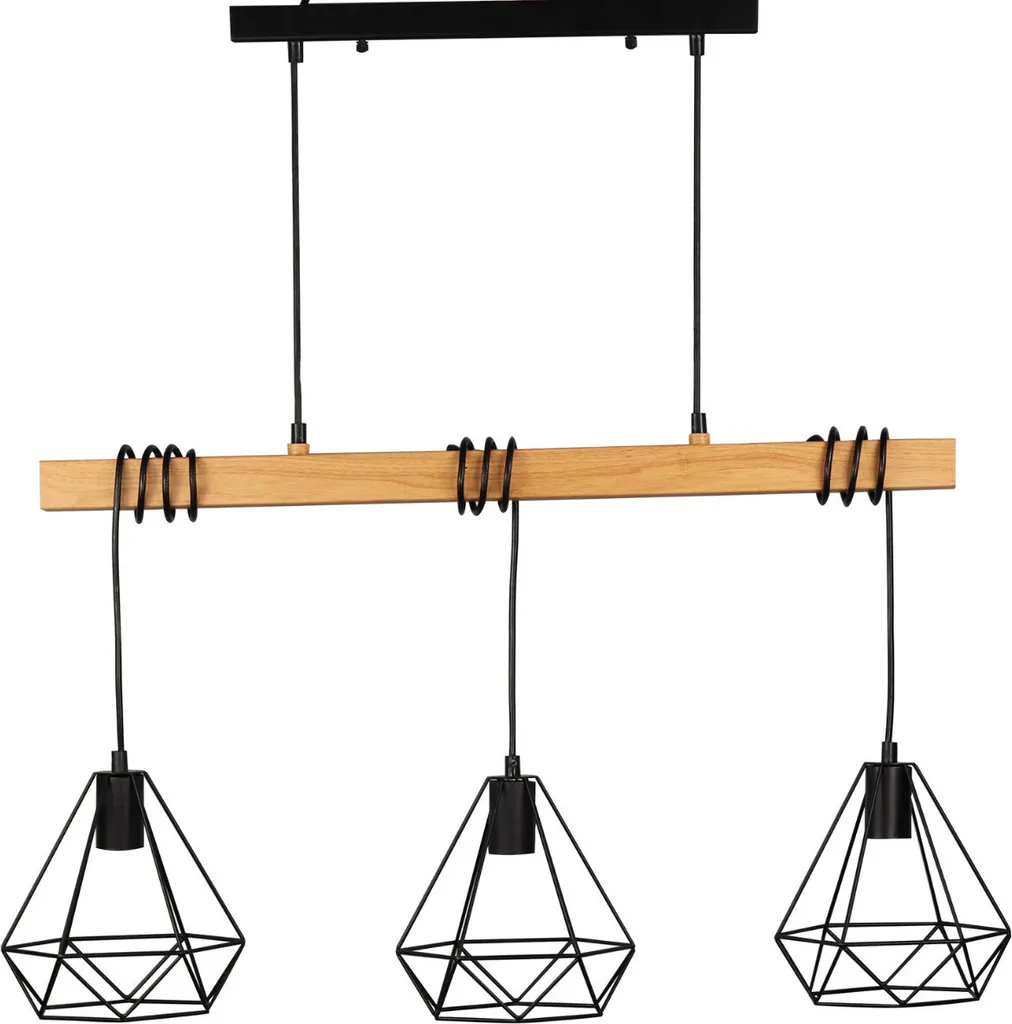 Lustre suspension barre 3 lampes bois et métal noir VIGO style industriel