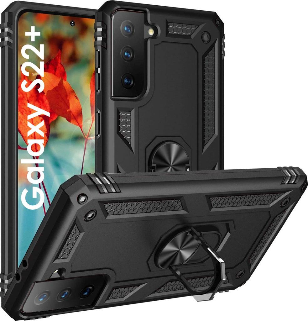 Hülle Schwarz für Samsung Galaxy S22 PLUS 5G - Stoßfester Schutz im Militärstil Robuster Ring 360 Drehbar Phonillico
