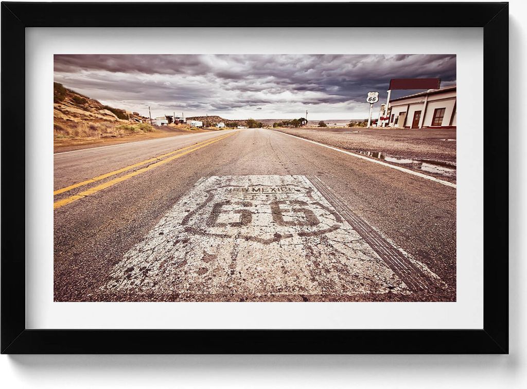 Route 66 Amerikanische Staatsstraße– Wandbild mit Rahmen – Gerahmtes Bild – Wanddekoration – 30x20 cm – Schwarz Rahmen