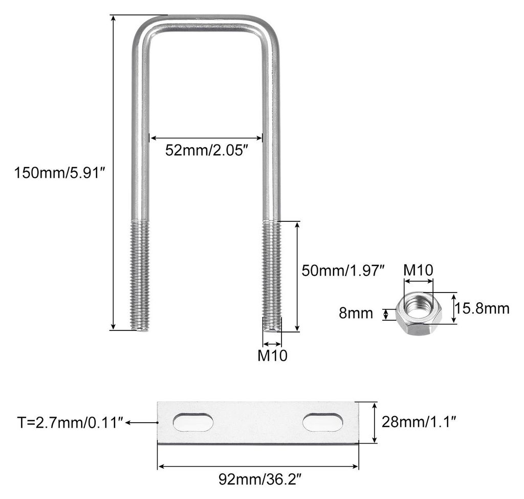 U Bš¹gel 1 Stš¹ck U-Bolzen M10 x 52mm x 150mm Quadratische Bš¹gelschraube 304 Edelstahl U-Bolts mit Mutter Platte Bš¹gelschelle Zaunbefesti...