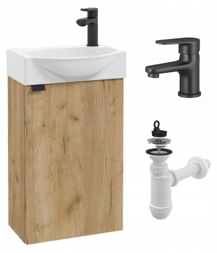 Stamar Waschtisch mit Unterschrank 40 cm Craft Gold Eiche Matt Hängend Softclose | Badmöbel Set mit Keramik-Waschbecken und schwarzer Armatur