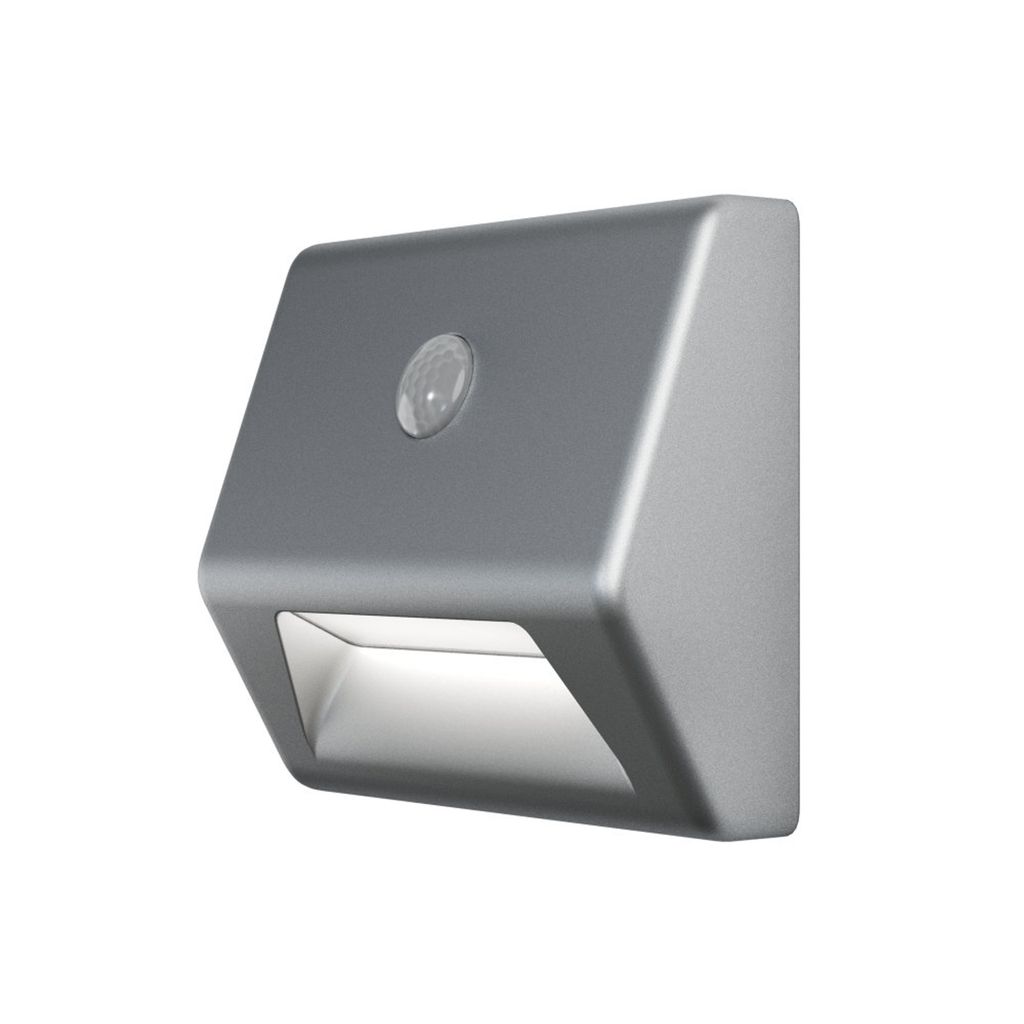 A silver LED battery-powered light with a motion sensor, designed for indoor use.