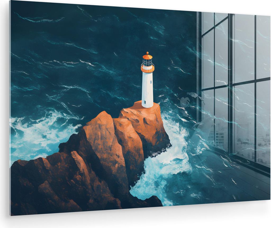 MuchoWow Glasbilder - Bilder auf Wandbild - Foto auf Glas Leuchtturm - Felsen - Meer - Wellen 30x20 cm Wanddekoration aus Glas - Acrylglasbild - Ac...
