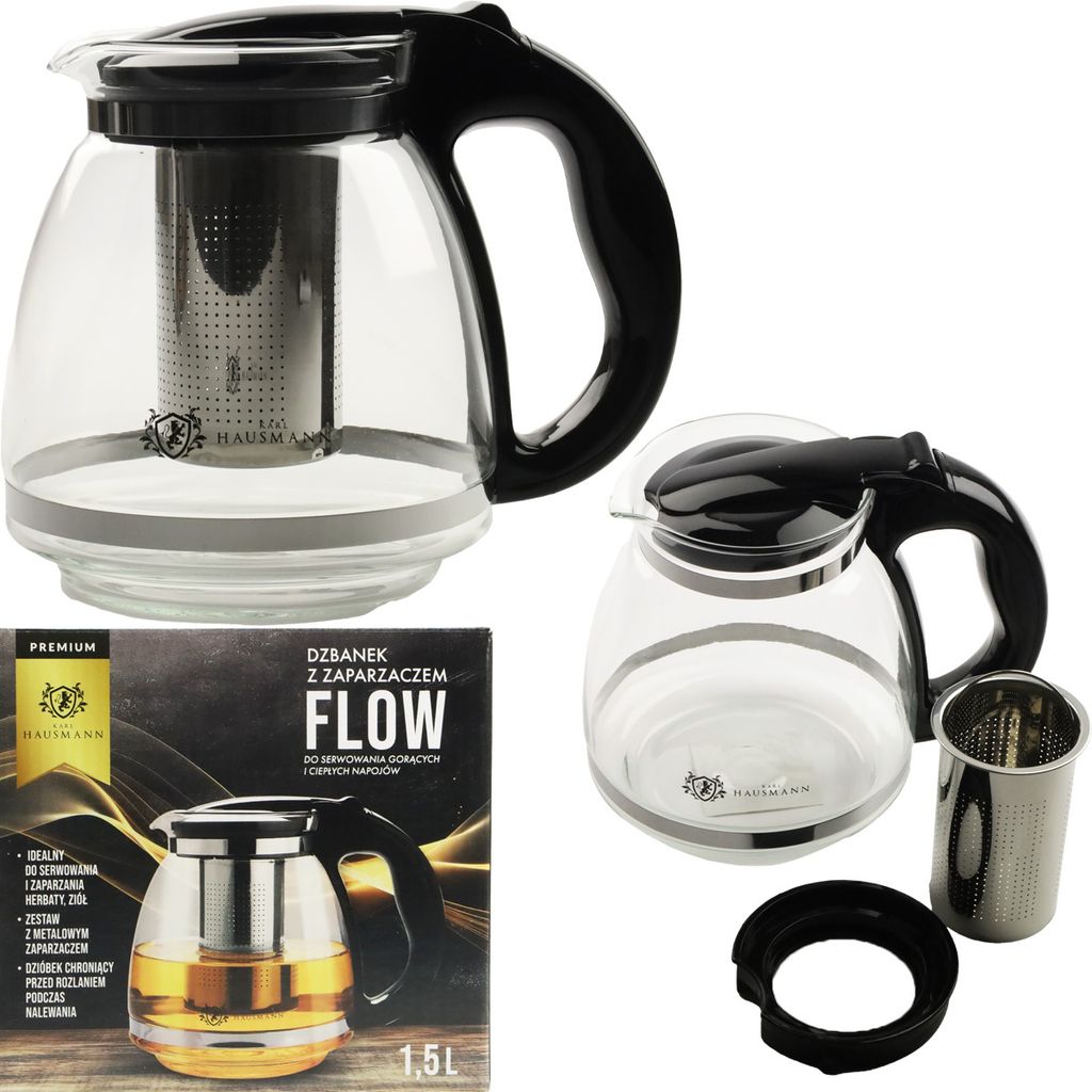 Glas-Teekanne mit Teesieb, Teekessel 1,5L Teebereiter Glaskanne Teekrug Schwarz
