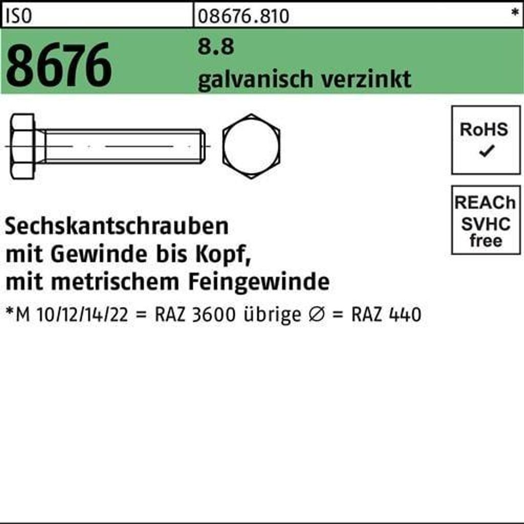 Reyher Sechskantschrauben ISO 8676 8.8 M 20x1,5x110 vz (10 Stück)