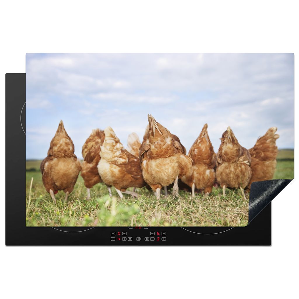 KitchenYeah Herdabdeckplatte Hühner auf dem Feld , 81x52cm, Küche Deko, Glaskeramikkochfeld Herdabdeckung, Abdeckplatte fùr Kochfeld