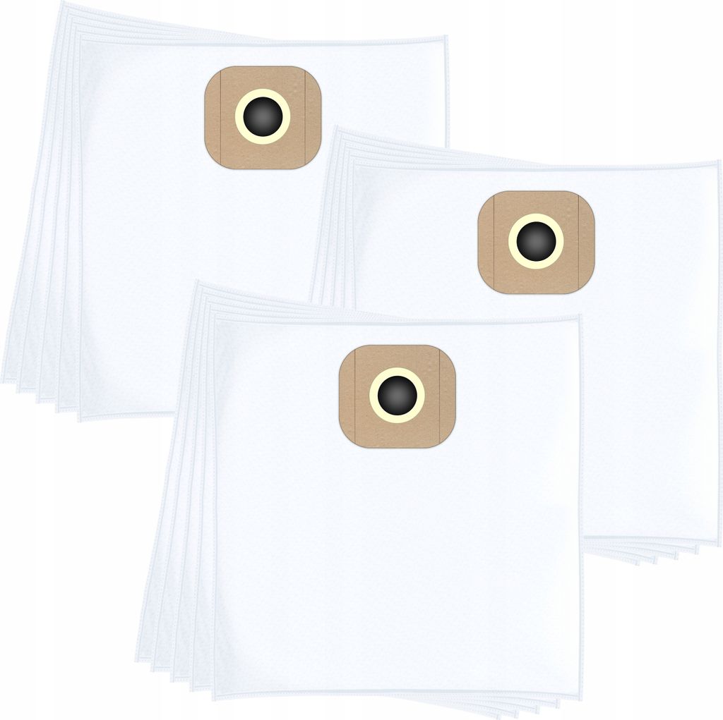 A stack of white vacuum cleaner bags with brown and black circular openings.